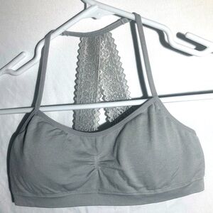 WonderNation Size 38 Light Gray Racer Back Bra With Lace Back Straps.